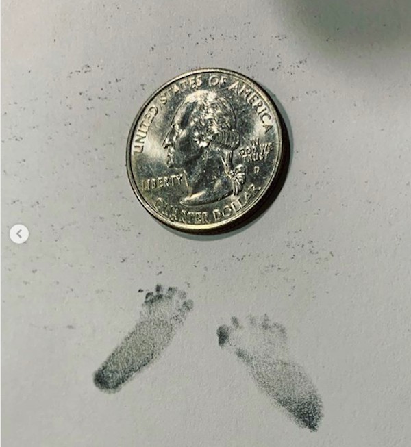 Uma moeda mostrando o tamanho dos pés da filha de Joy-Anna Duggar e Austin Forsyth (Foto: Instagram)