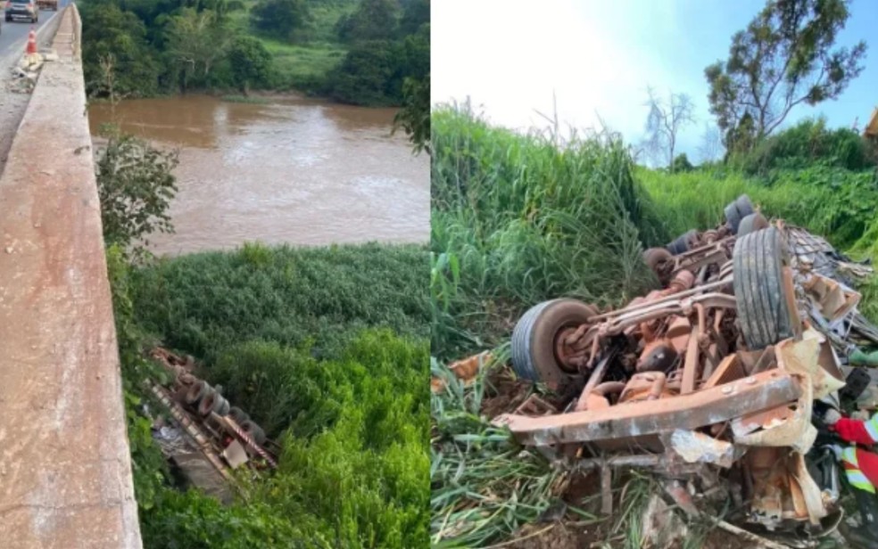 Caminhoneiro morre aps caminho sair da pista e cair em rio na BR-153   Foto: PRF/Divulgao