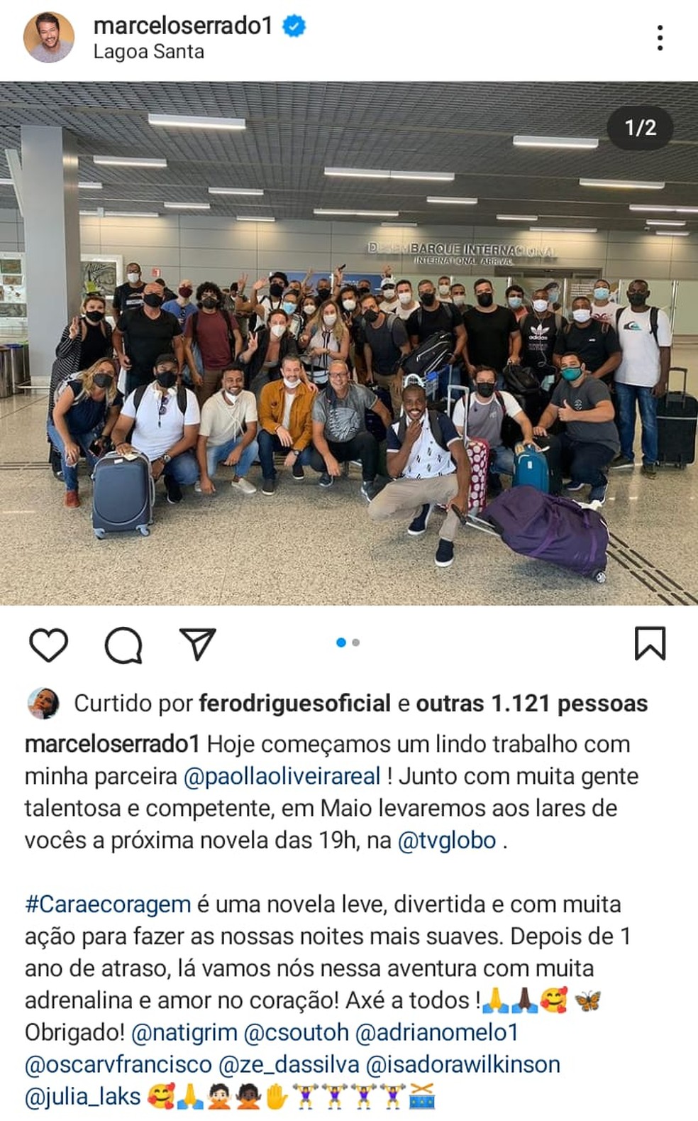 Paolla Oliveira e Marcelo Serrado chegam em Lagoa Santa para gravar 'Cara e coragem' a nova novela das 7 — Foto: Redes sociais 