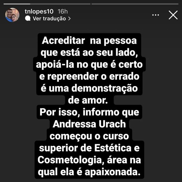 Post de Thiago Lopes sobre Andressa Urach (Foto: Reprodução/Instagram)