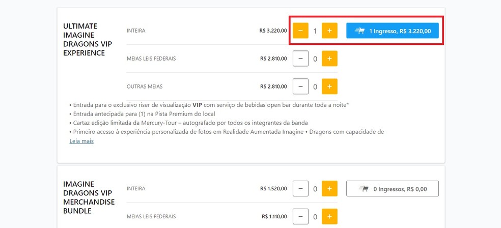 Sele&ccedil;&atilde;o de quantidade de ingressos para o show do Imagine Dragons no site da Eventim &mdash; Foto: Reprodu&ccedil;&atilde;o/Gabrielle Garcia