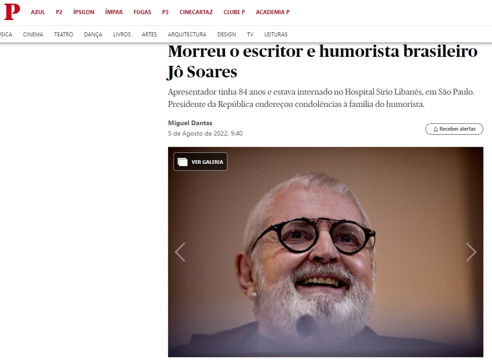 O jornal português "Público" prestou homenagem a Jô Soares — Foto: Reprodução