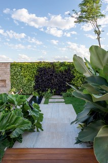A paisagista Mônica Costa foi contratada para criar um jardim de resort no projeto do escritório Ge Carolo Arquitetura. Maranta-charuto, filodendro-ondulado e xanadu contornam o caminho de travertino bruto até o chuveirão