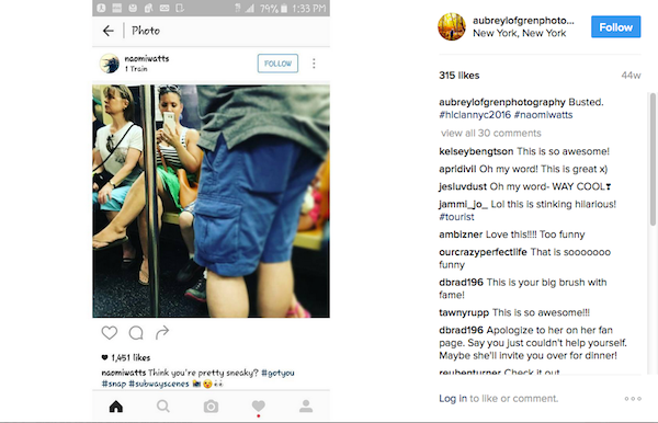 A fã de Naomi Watts compartilhou o flagrante feito pela atriz (Foto: Instagram)