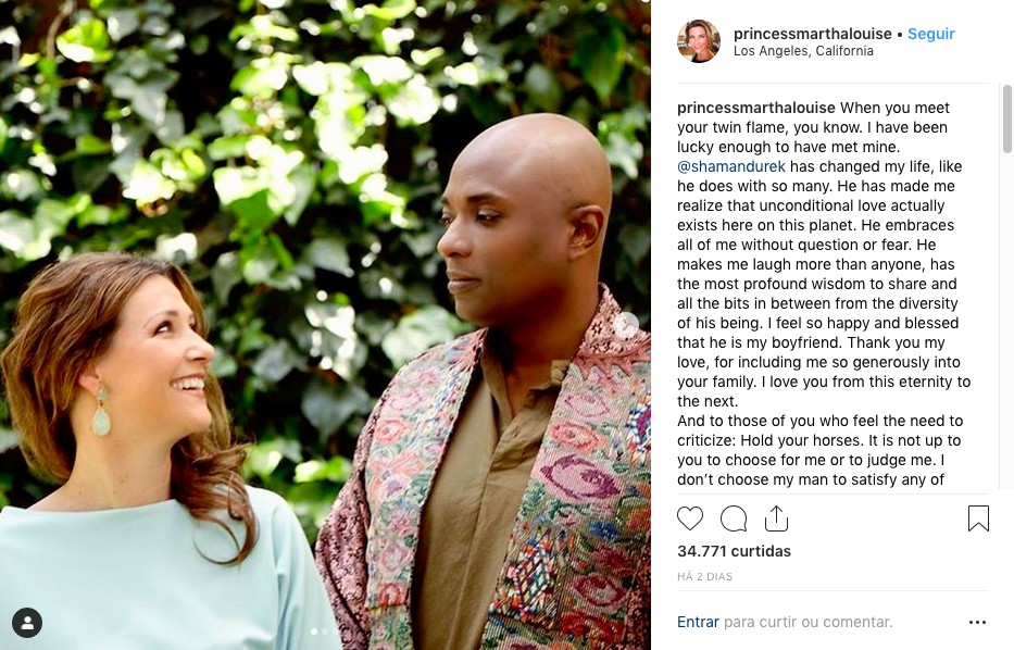 O post no qual a Princesa Martha Louise da Noruega torna público seu namoro com o xamã hollywoodiano Durek Verrett (Foto: Instagram)