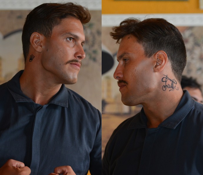 Dublê mostra as tatuagens do pescoço (Foto: Pedro Carrilho/Gshow)