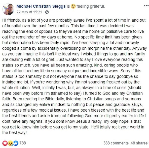 O texto do ator Michael Sleggs falando sobre seu câncer terminal (Foto: Facebook)