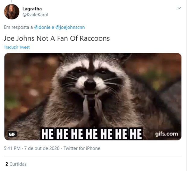 Joe Johns vira meme após se irritar com guaxinim (Foto: Reprodução/Twitter)