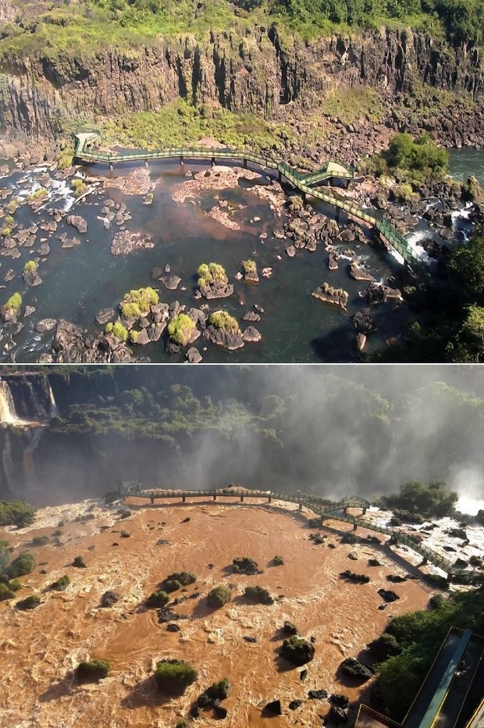 Cataratas antes e depois: imagens mostram o aumento do volume de água — Foto: Reprodução RPC