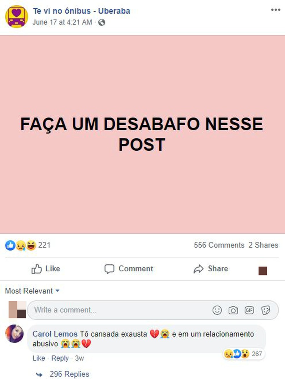 Jovem havia feito desabafo em rede social no dia 17 de junho — Foto: Reprodução/Facebook