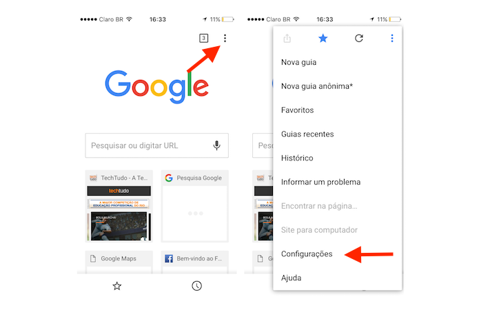 Acessando as configurações do Google Chrome no iPhone (Foto: Reprodução/Marvin Costa)