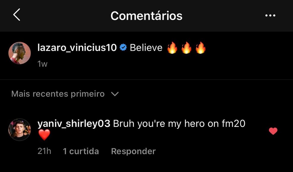 "Irmão, você é meu herói no FM20": Lázaro se diverte com as mensagens  — Foto: Reprodução