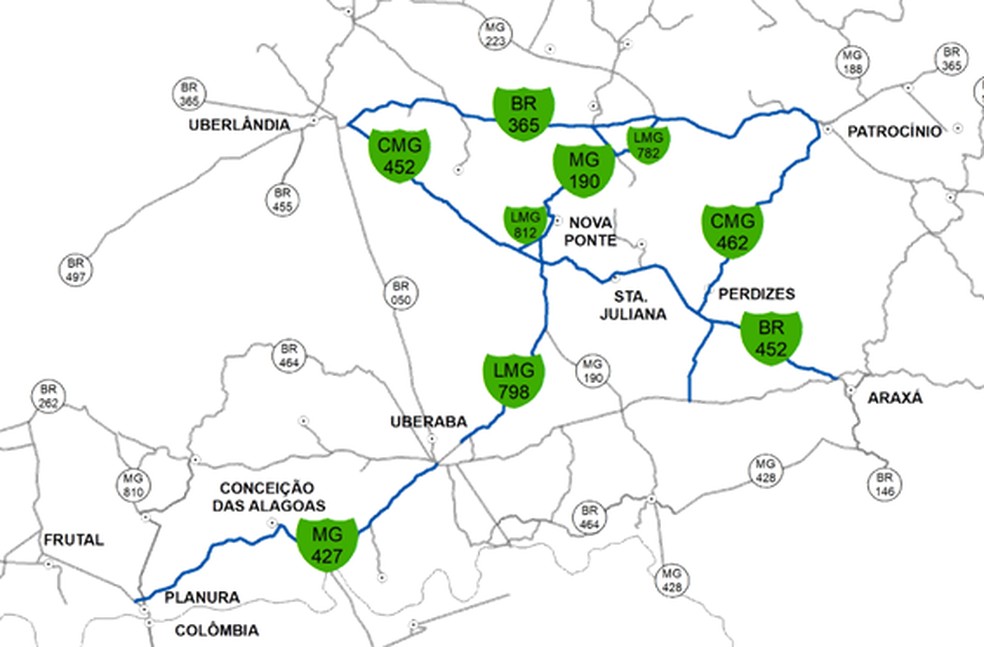 Mapa trechos rodovias concessões Triângulo Mineiro Alto Paranaíba 15/12/2021 — Foto: Imprensa MG/Divulgação