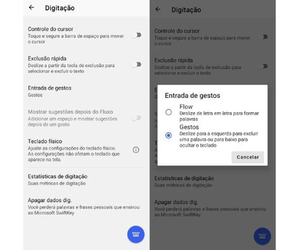 Ativação do método de Gestos no SwiftKey — Foto: Reprodução/Júlio César Gonsalves