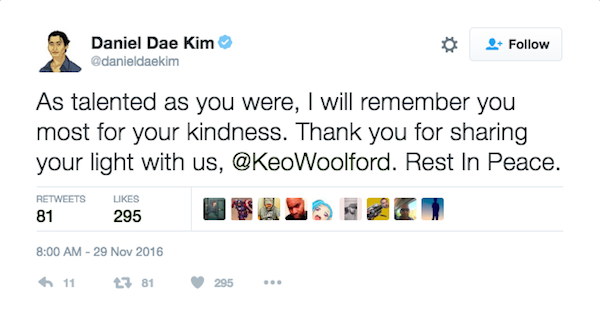 A homenagem do ator Daniel Dae Kim a Keo Woolford (Foto: Twitter)