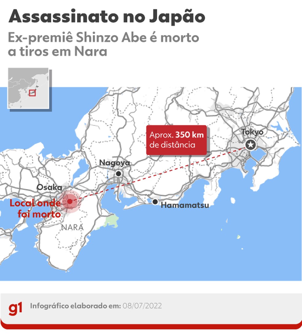 Mapa mostra local onde ex-primeiro-ministro do Japão Shinzo Abe foi atingido por tiros enquanto discursava em ato de campanha, no oeste do país, em 8 de julho de 2022. — Foto: Arte/ g1
