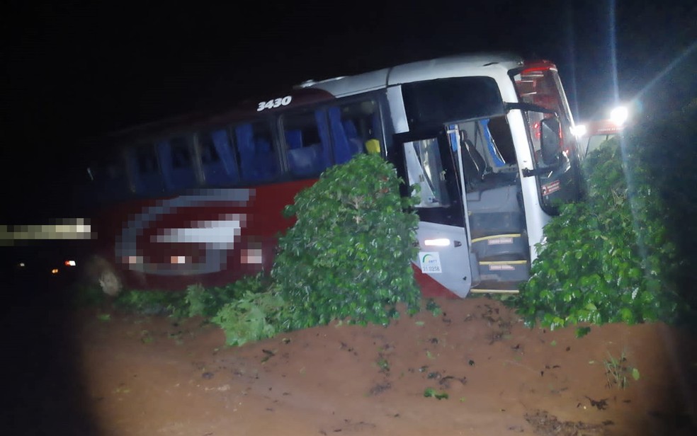 Motorista perde controle de ônibus e invade plantação de café na da MG-167, entre Três Pontas e Varginha, MG — Foto: Denis Pereira/Equipe Positiva