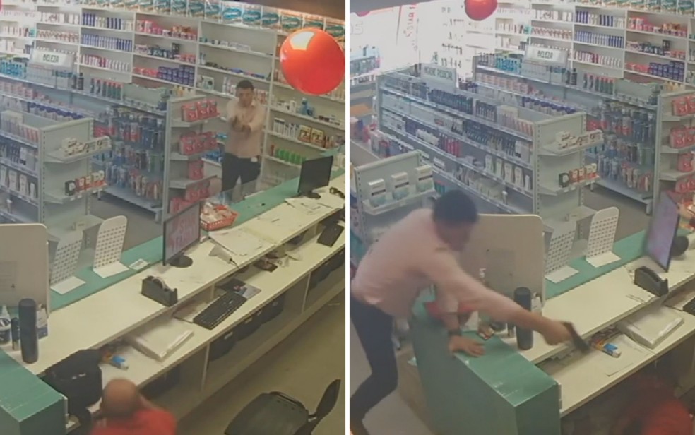 Vídeo mostra quando homem invade farmácia e mata idoso a tiros em Goiânia, Goiás — Foto: Montagem/g1