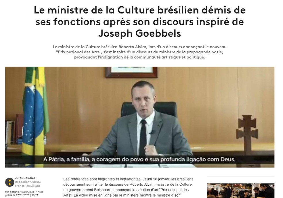 France TV publicou reportagem sobre discurso de Roberto Alvim — Foto: Reprodução