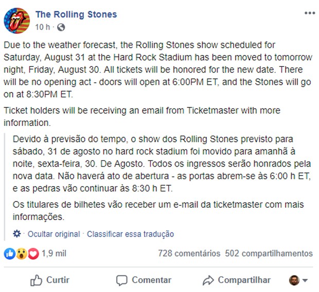 Rolling Stones adianta show por causa do furacão Dorian (Foto: Reprodução)