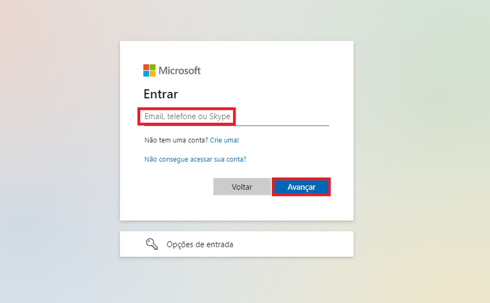 Inclua seu endereço de e-mail da Microsoft — Foto: Reprodução/Juliana Campos
