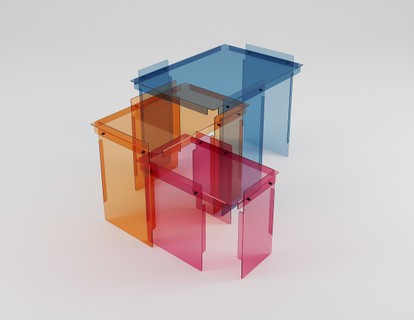 O trio de mesas 'MONO' são desmontáveis e leves, feitas de chapas de aço carbono ou pmma colorido 100% reciclável (acrílico) do F. Studio