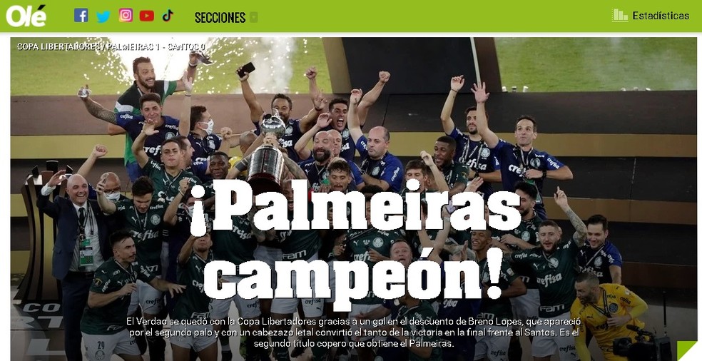 Argentino "Olé" destaca: "Palmeiras campeão!" — Foto: Reprodução/Olé