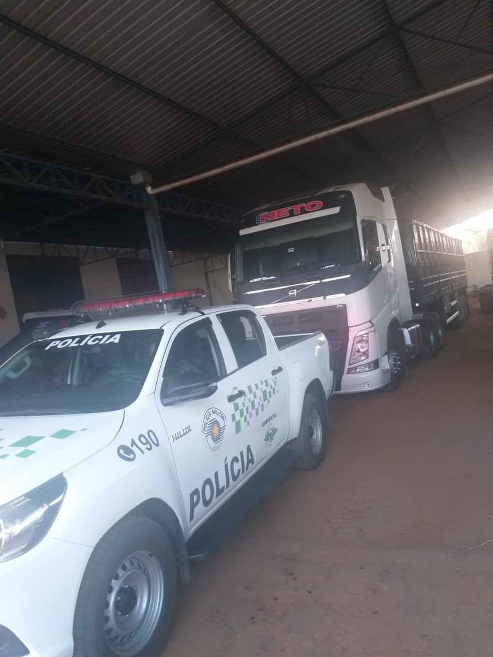 Um caminhão que transportava a madeira também foi apreendido — Foto: Polícia Ambiental