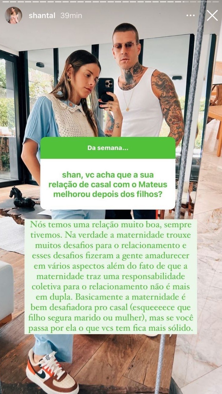 Shantal responde sobre mudanças na relação com Mateus Verdelho após maternidade (Foto: Reprodução/Instagram)