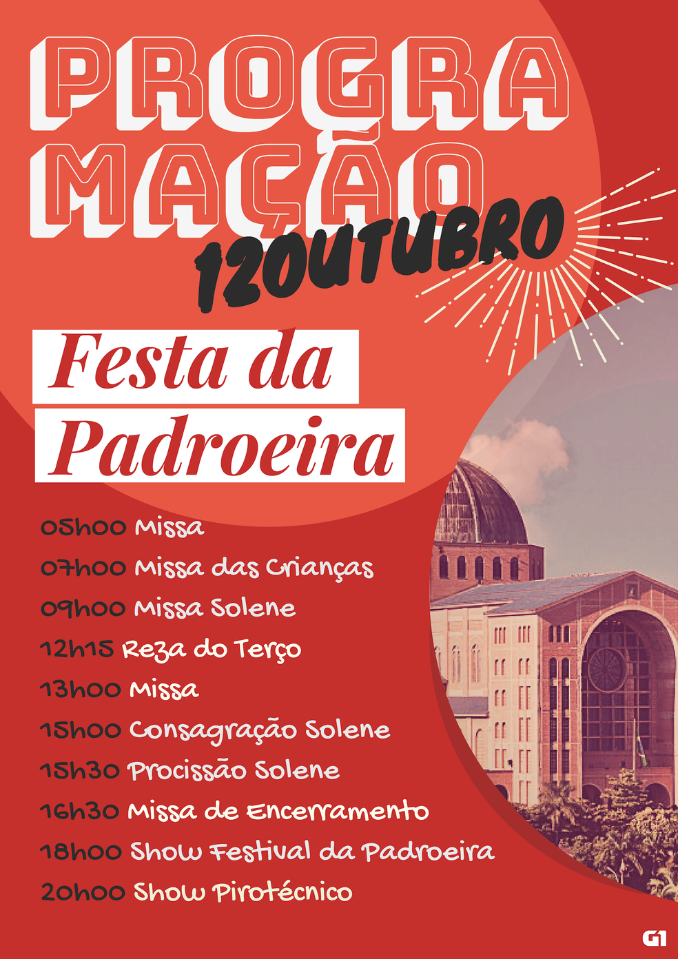 Veja a programação deste 12 de outubro no Santuário Nacional — Foto: Hellen Souza/Arte G1