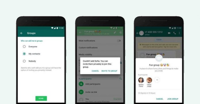 Opção de privacidade para convites de grupos — Foto: Divulgação/WhatsApp