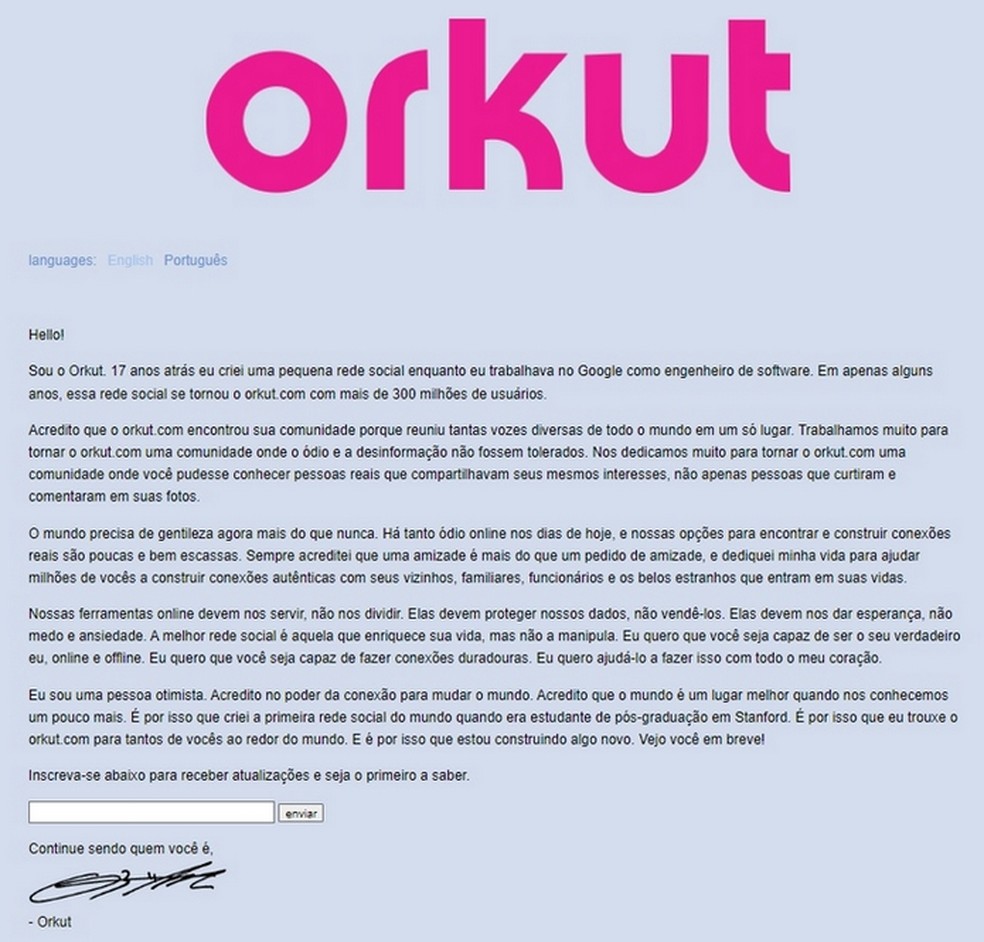 Comunicado no orkut.com permite registrar e-mails para receber novidades sobre projeto envolvendo o Orkut — Foto: Reprodução/Orkut.com