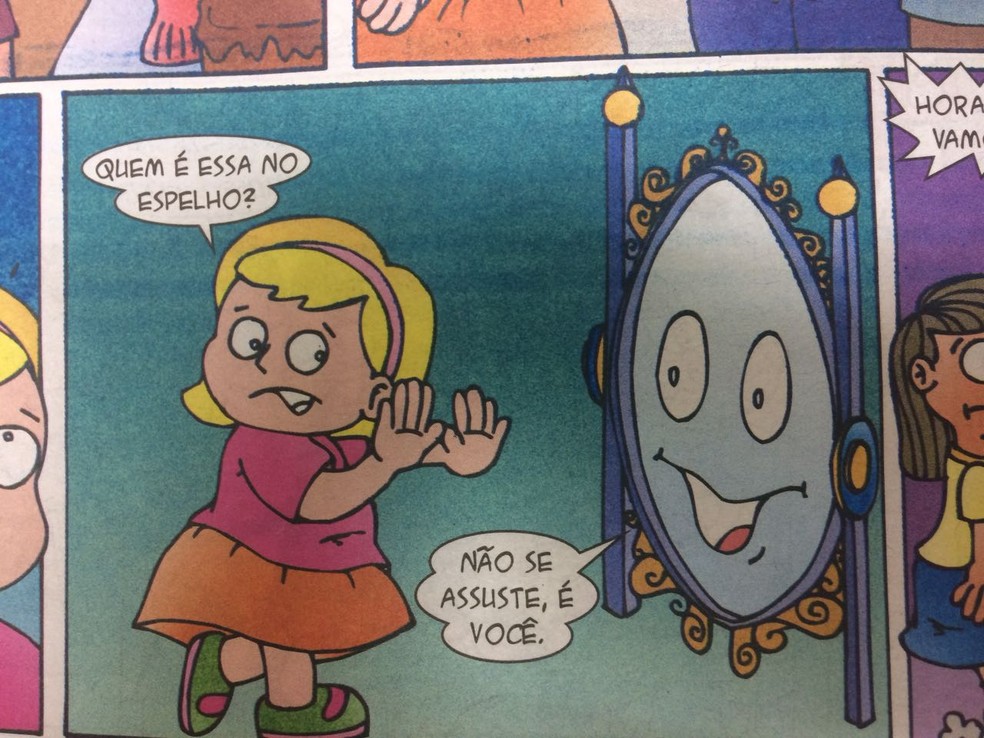 Personagem engorda e espelho pede para que ela nÃ£o se assuste (Foto: ReproduÃ§Ã£o)