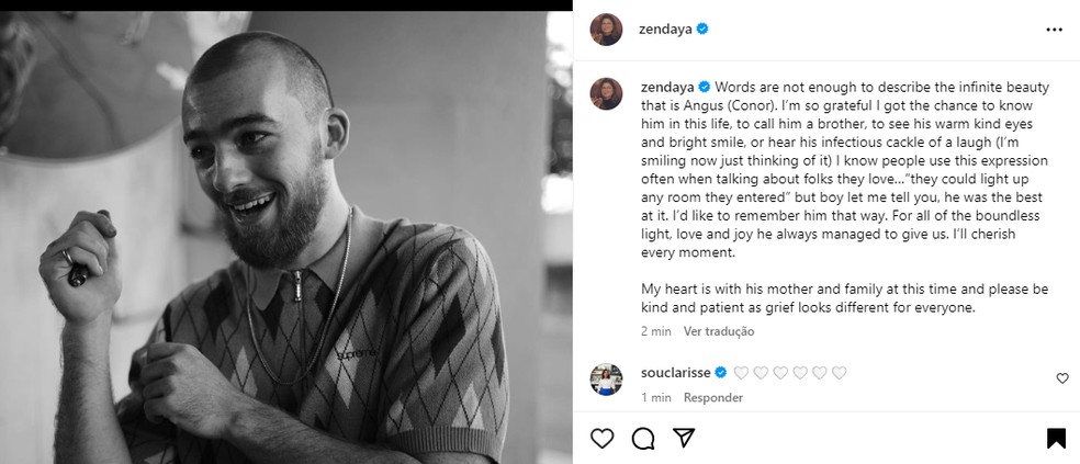 Zendaya lamenta morte de Angus Cloud em rede social — Foto: Instagram