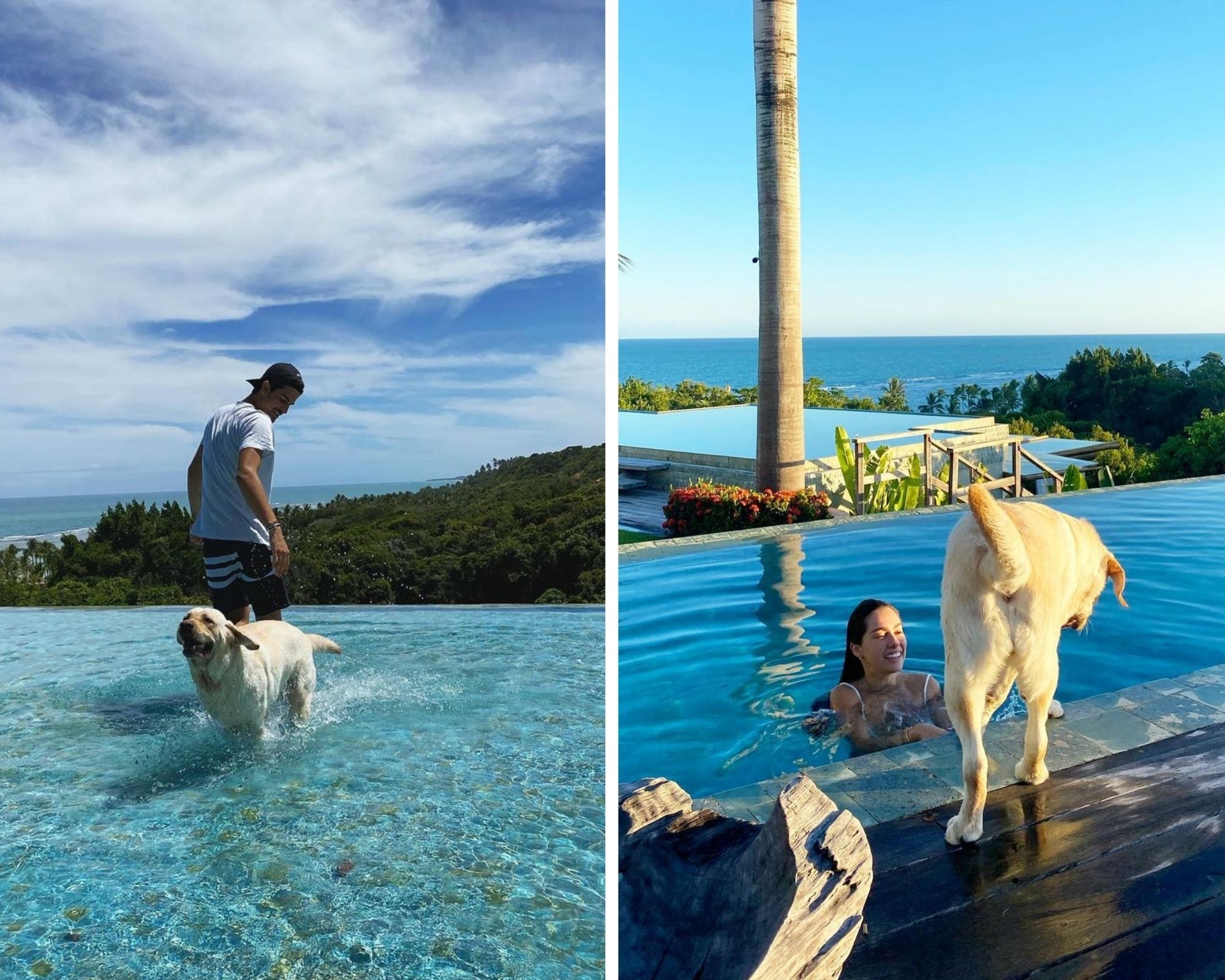 Enzo Celulari e Gabriella Leni postaram fotos em lugares semelhantes e com um cachorro que chamou atenção dos seguidores (Foto: Reprodução/Instagram)