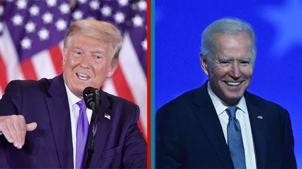 Trump e Biden em seus discursos durante apuração acirrada da eleição nos EUA, na madrugada desta quarta-feira (4).  — Foto: MANDEL NGAN; ANGELA WEISS/AFP