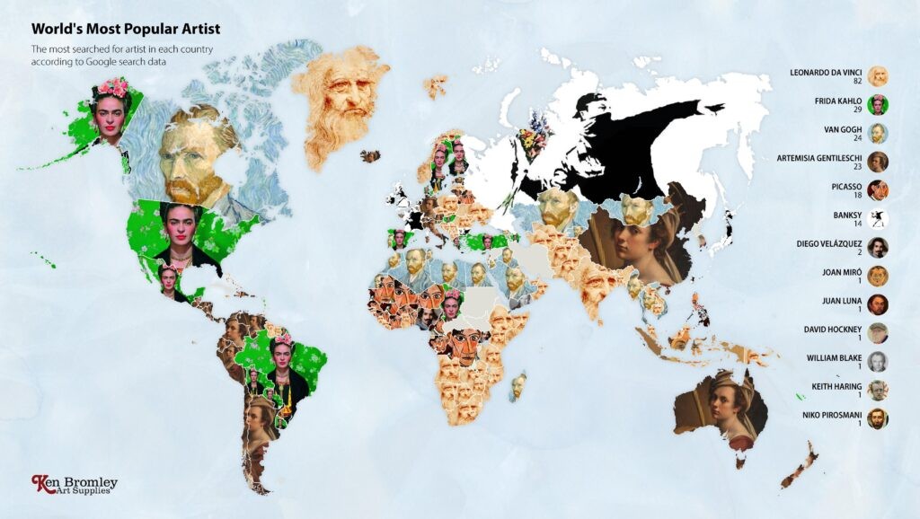 Mapa da Ken Bromley Art Supplies revela os artistas mais pesquisados no mundo no Google em 2020 (Foto: Reprodução / Ken Bromley Art Supplies)