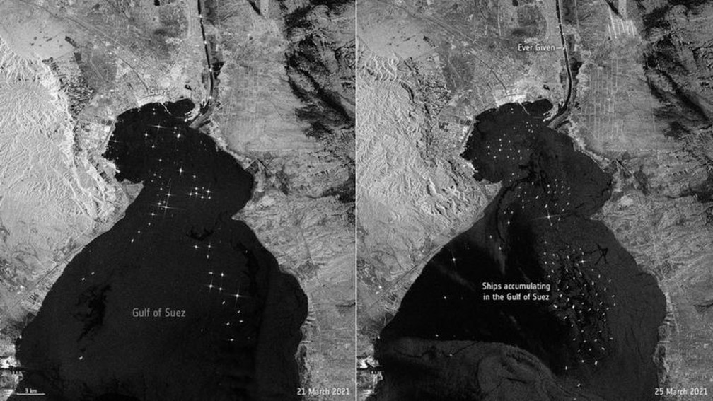 A imagem à esquerda mostra navios esperando para passar pelo Canal de Suez no domingo, 21 de março. A imagem à direita mostra os barcos na quinta-feira, 25 de março, dois dias depois que o Ever Given encalhou. — Foto: Reuters via BBC