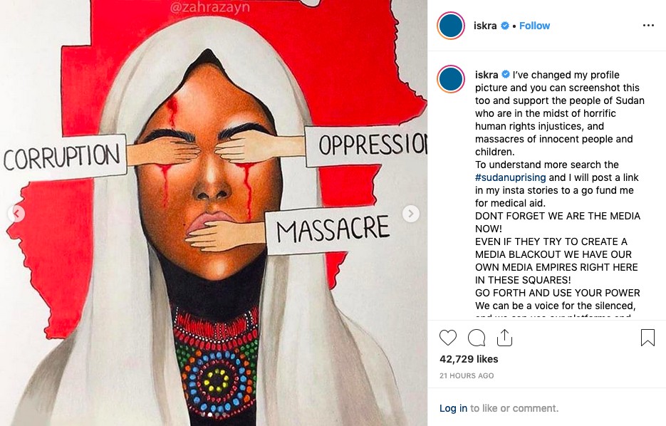 O post da modelo inglesa Iskra Lawrence sobre a crise humanitária no Sudão que teve baixa repercussão (Foto: Instagram)