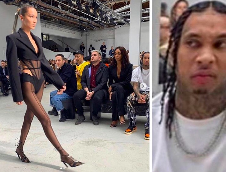 As feições suspeitas do rapper Tyga durante a passagem da modelo Bella Hadid por uma passarela da Paris Fashion Week (Foto: Instagram)