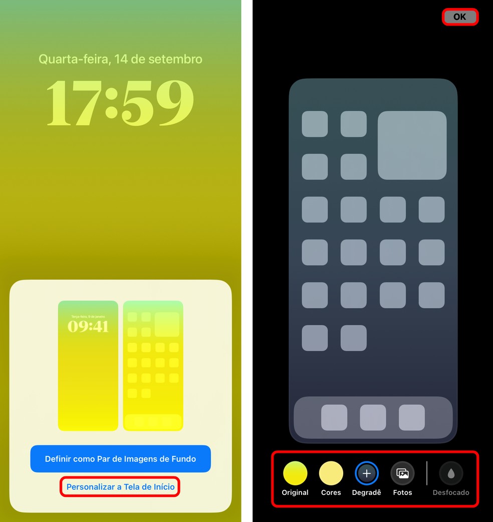 iOS 16 permite usar wallpaper diferente na Tela de Bloqueio e na Tela de Início — Foto: Reprodução/Rodrigo Fernandes