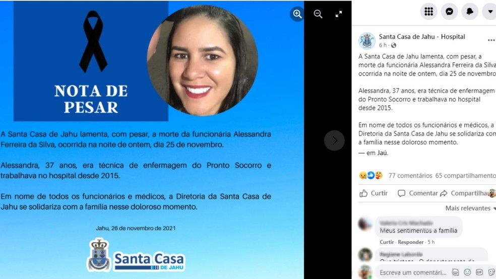 Santa Casa de Jaú publicou nota de pesar via rede social para lamentar a morte da técnica de enfermagem — Foto: Facebook /Reprodução