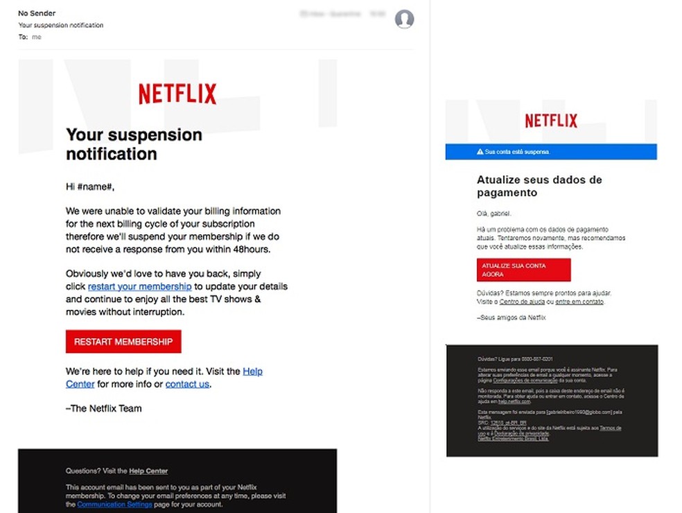 Na esquerda e-mail falso usado pelos hackers; na direita o verdadeiro usado pela Netflix no Brasil (Foto: Reprodução/Gabriel Ribeiro) (Foto: Gabriel Ribeiro)