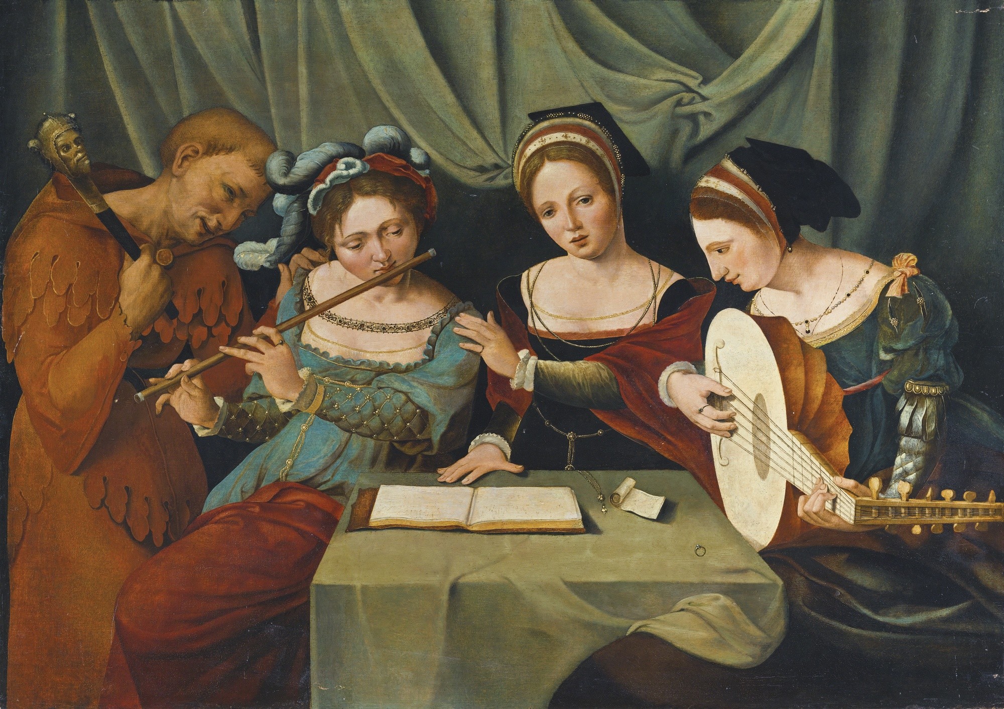 'Três jovens fazendo música com um bufão', obra do Mestre da figura média feminina (Foto: Wikimedia Commons)