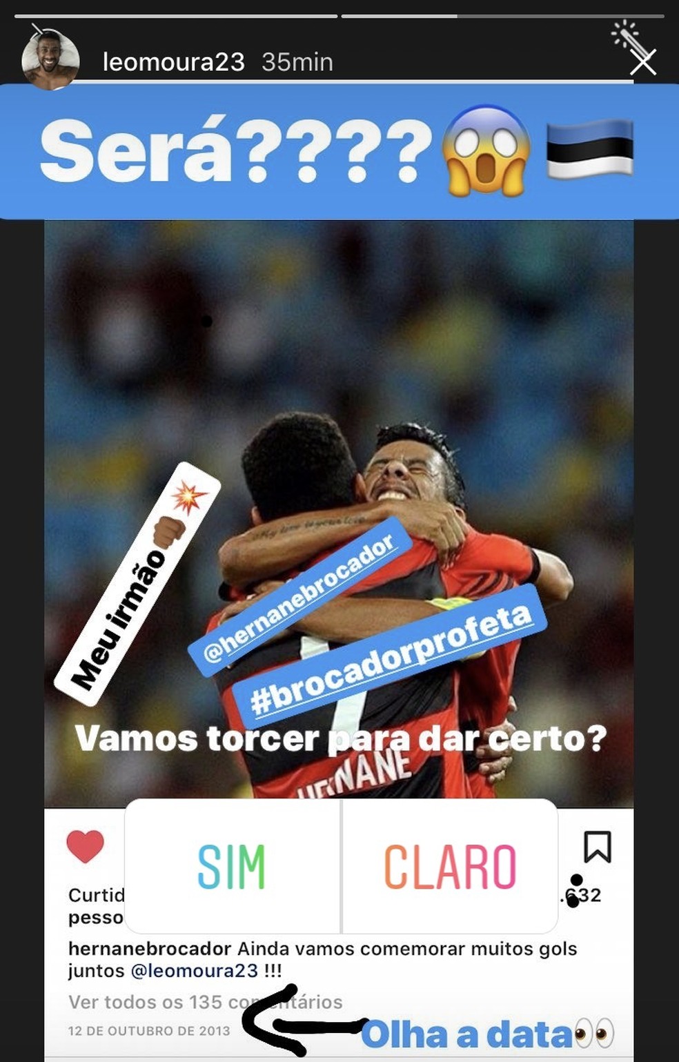 Postagem de Léo Moura rememora parceria com Hernane (Foto: Reprodução)