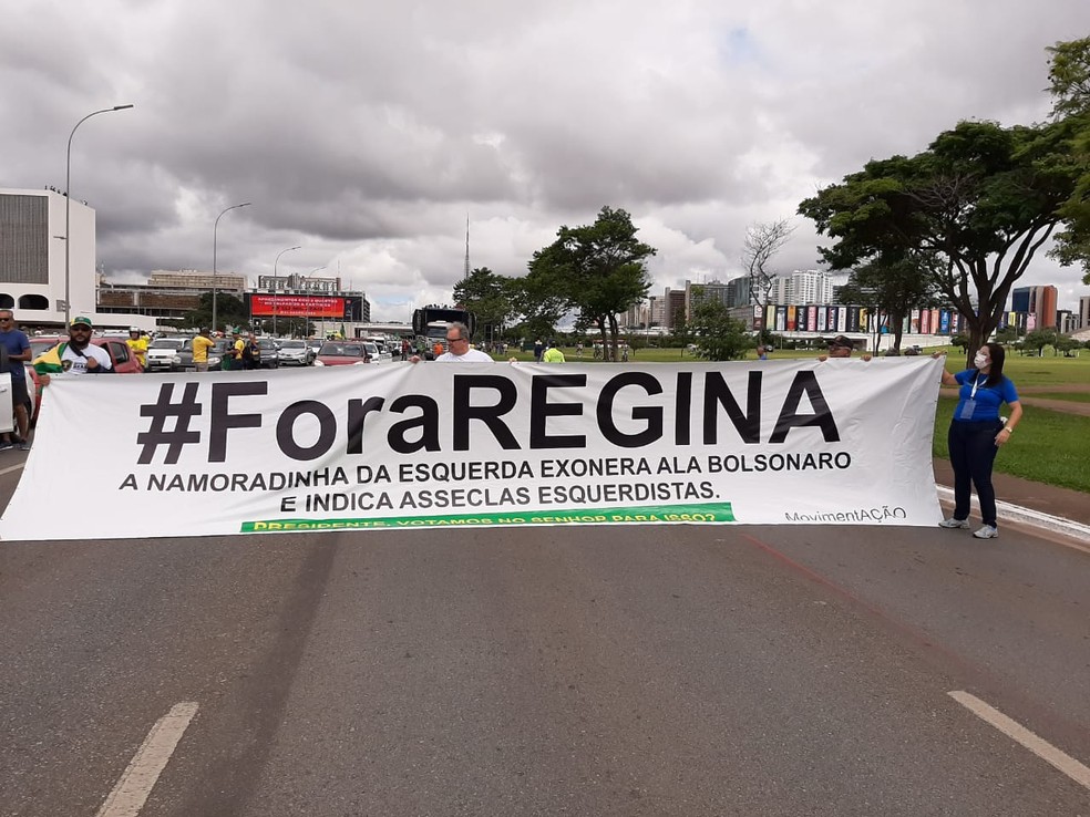 Manifestantes protestam contra a secretária especial de Cultura, Regina Duarte, em Brasília — Foto: Luiz Barbieri/G1