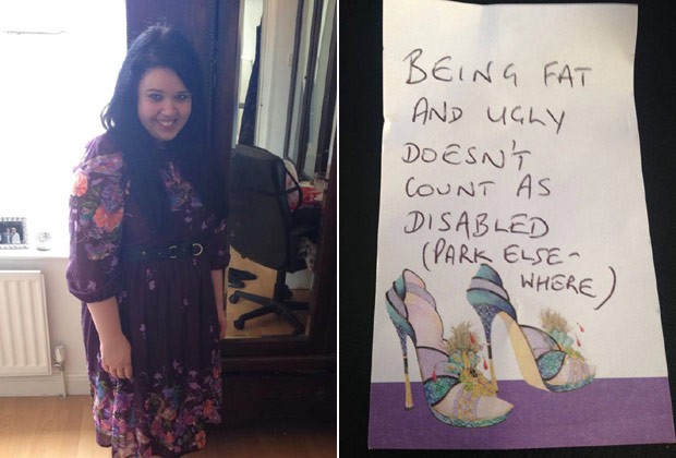 A estudante de doutorado Sarah Metcalfe, que sofre de fibromialgia, e o bilhete deixado no carro: 