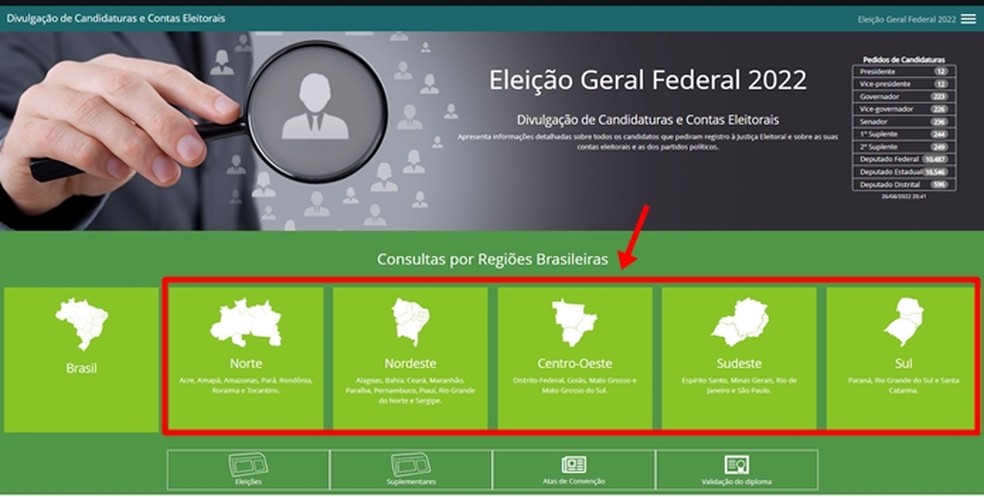 Candidatos a deputado estadual de todo o país podem ser consultados após eleitor escolher uma região no site do TSE — Foto: Reprodução/Gabriela Andrade