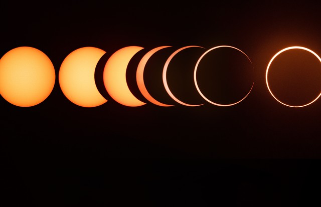 The entire sequence of the 2019 annular solar eclipse from start to finish. This sequence shows the beginning of the eclipse and continues all the way until the ring of fire is formed. (Foto: Getty Images)