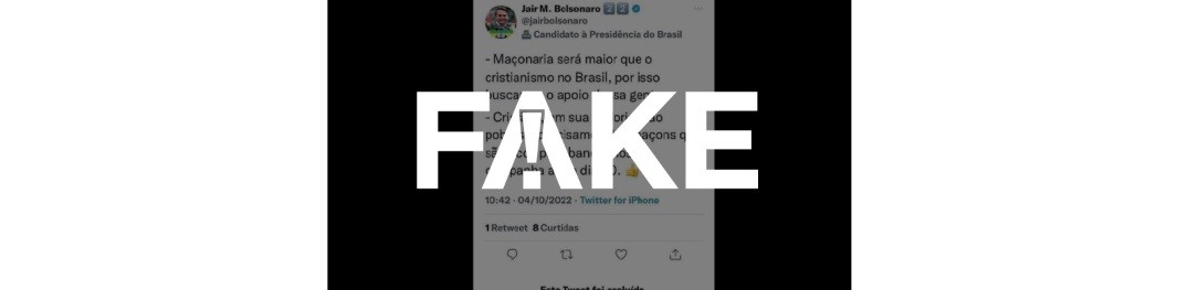 É #FAKE print de Twitter de Bolsonaro que afirma que maçonaria será maior que o cristianismo